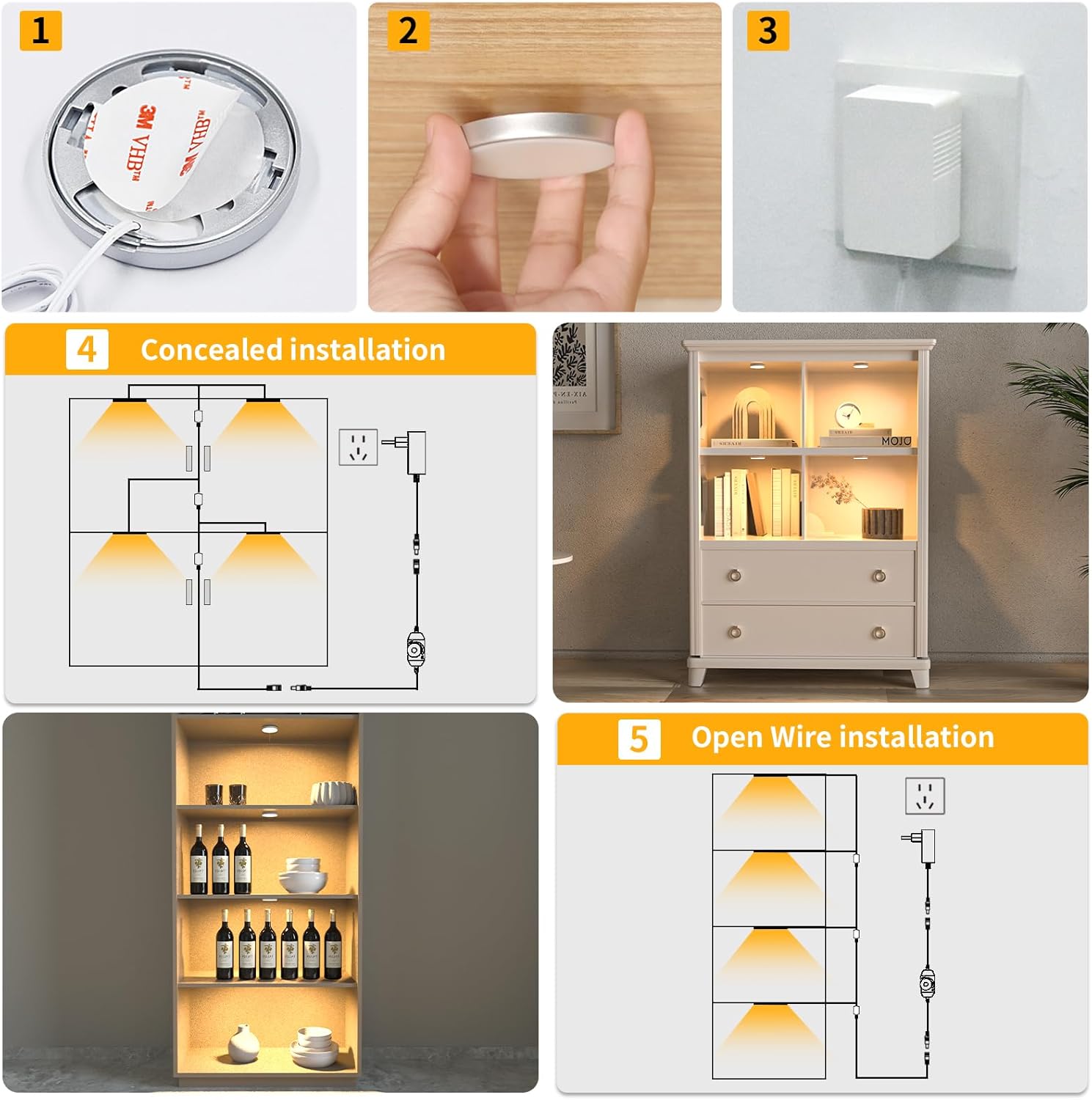 Collage of LED strip light installation steps and examples.