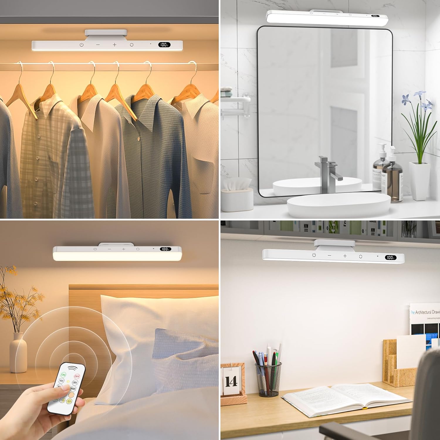 Collage of LED strip lights in various settings including a closet, bathroom, bedroom, and office.