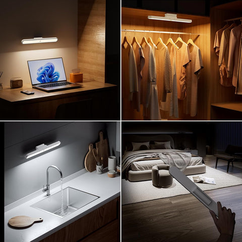 Collage of LED strip lights in various settings including a desk, closet, kitchen, and bedroom.