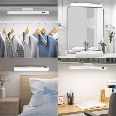 Collage of LED wall lights in various settings including a closet, bathroom, bedroom, and office.