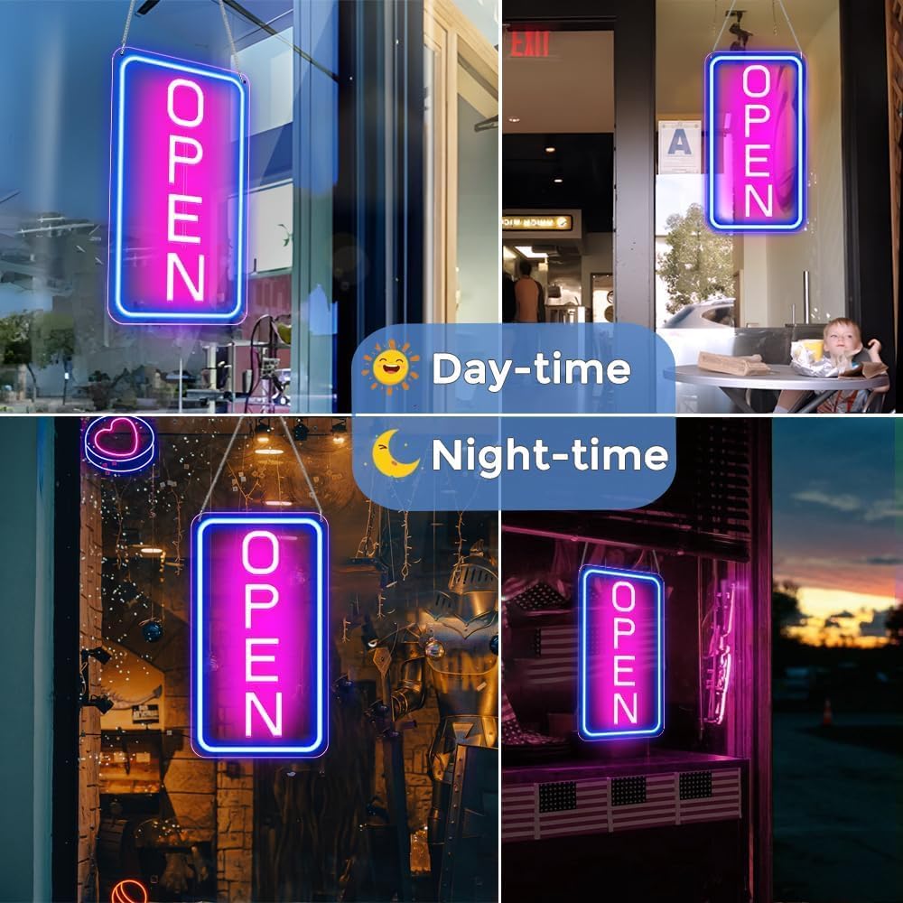 Collage of 'OPEN' neon signs at day and night with different backgrounds.