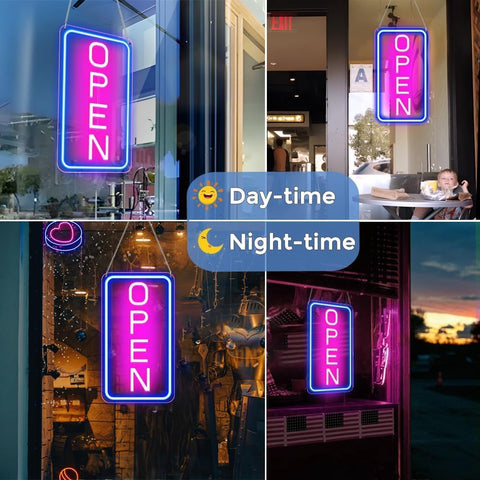 Collage of 'OPEN' neon signs at day and night with different backgrounds.