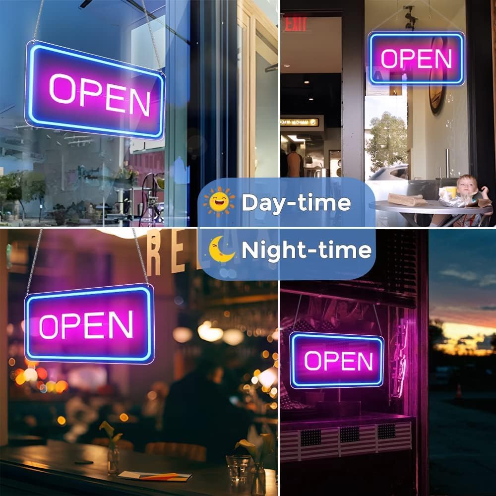 Collage of 'OPEN' signs in different settings during day and night.