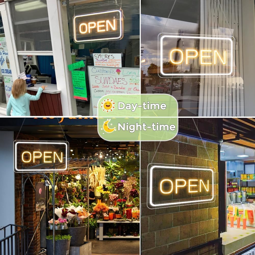 Collage of 'OPEN' signs in various settings during day and night.