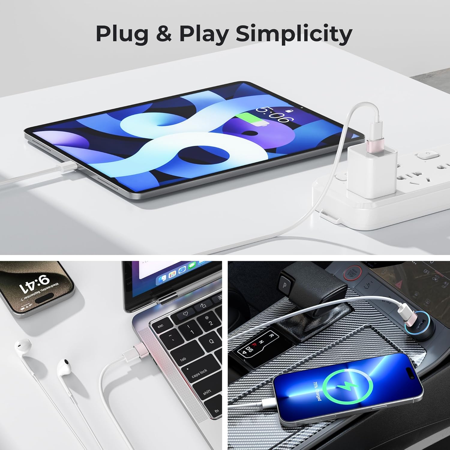 Collage of Pink electronic devices being charged with text 'Plug & Play Simplicity'.