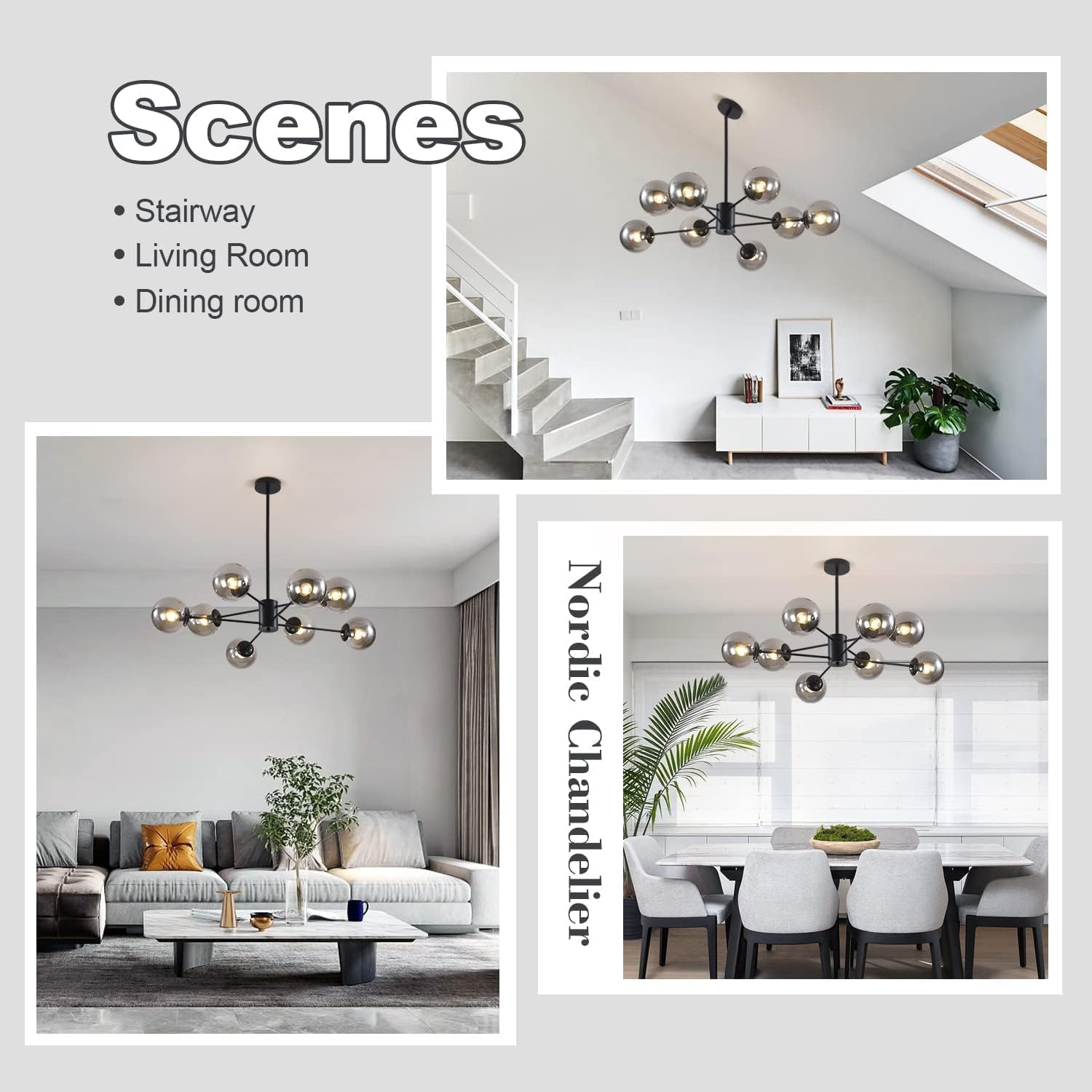 Collage of a Nordic chandelier in different room settings with text labels.