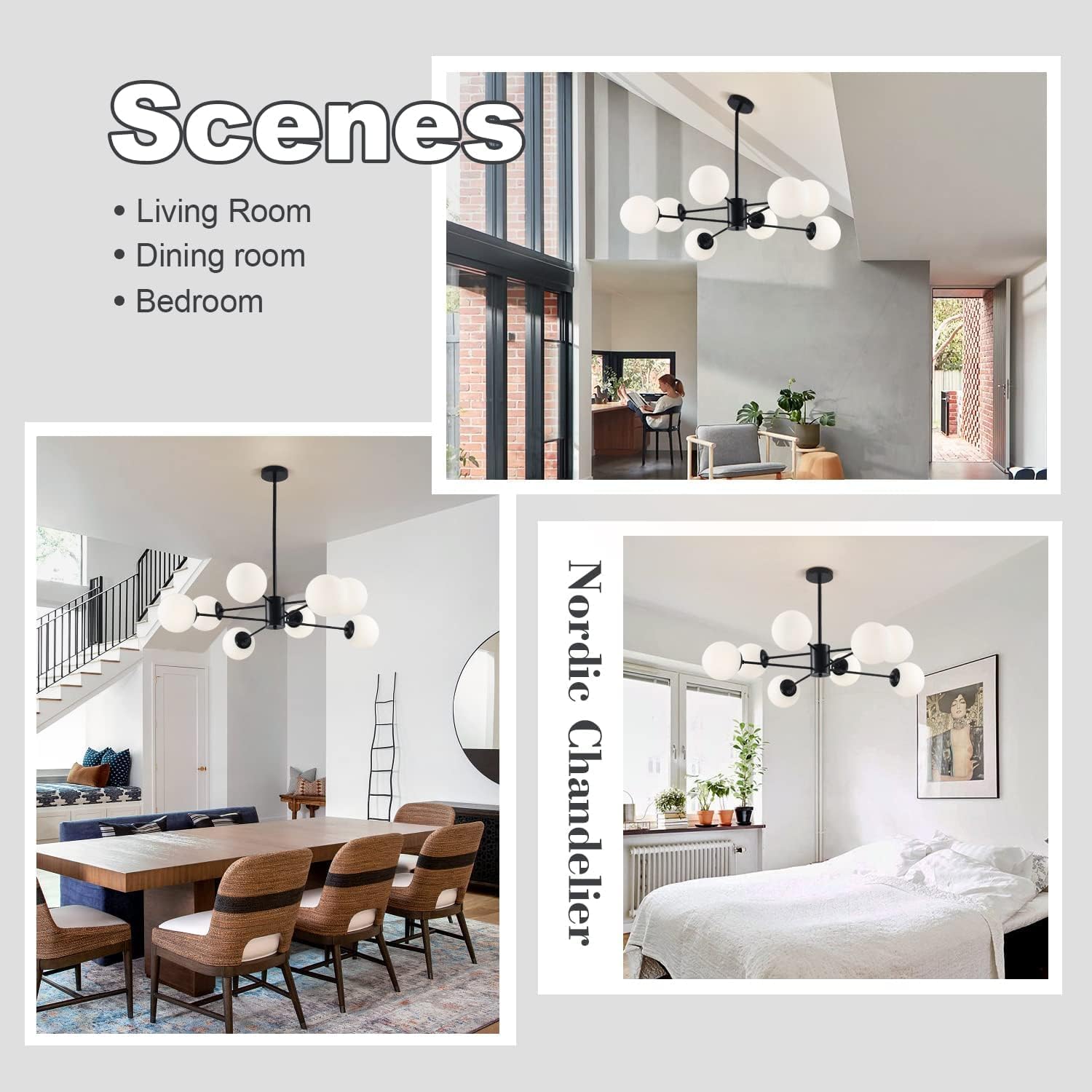 Collage of a Nordic chandelier in living room, dining room, and bedroom settings.