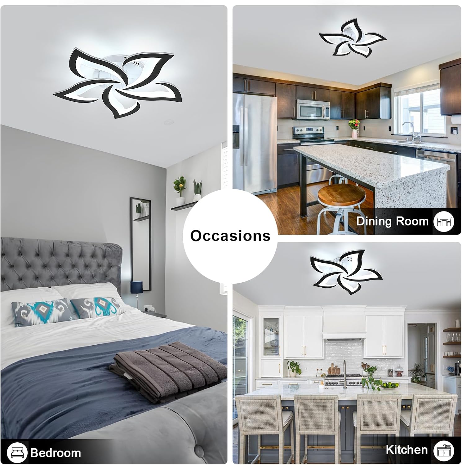 Collage of a bedroom, kitchen, and dining room with decorative ceiling lights.