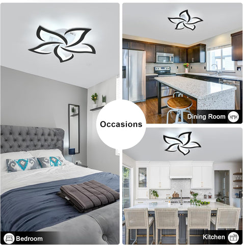 Collage of a bedroom, kitchen, and dining room with decorative ceiling lights.