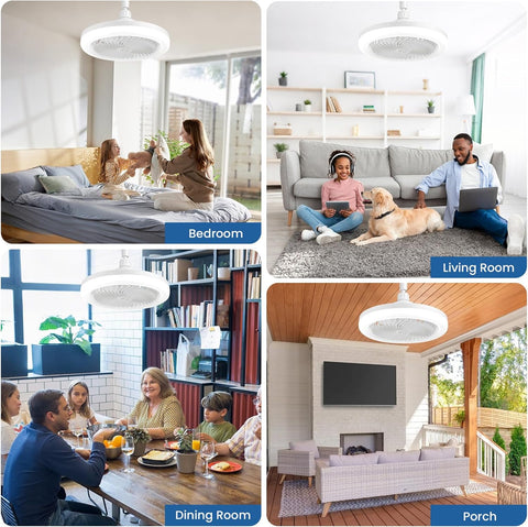 Collage of a bedroom, living room, dining room, and porch with people and pets.