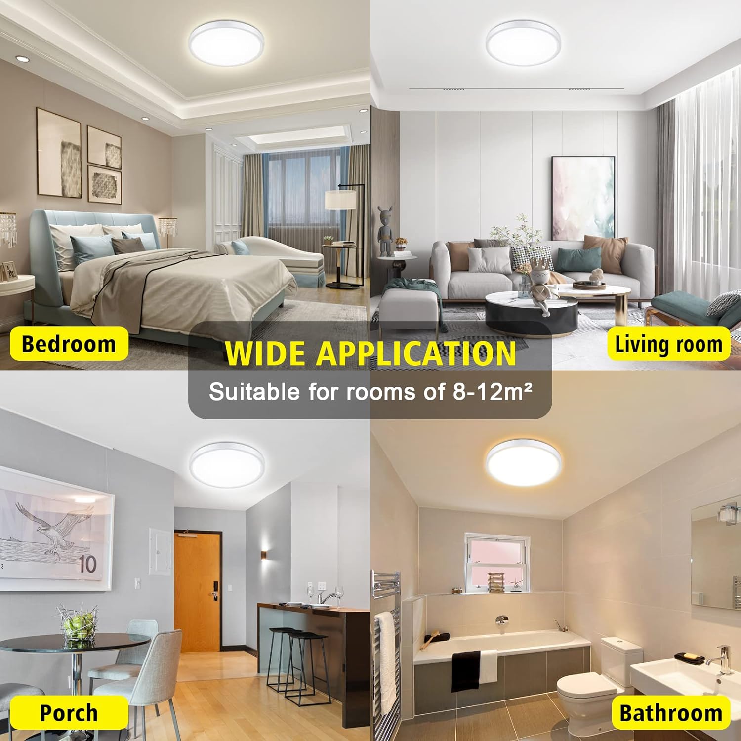 Collage of a bedroom, living room, porch, and bathroom with a ceiling light fixture labeled 'WIDE APPLICATION'.