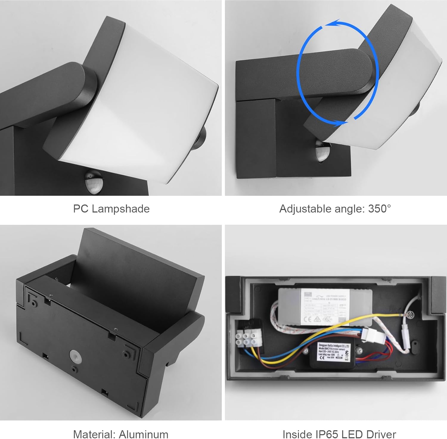 Collage of a black LED light fixture with features highlighted, including PC lampshade, adjustable angle, material aluminum