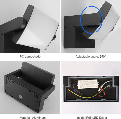 Collage of a black outdoor wall light fixture with features highlighted.