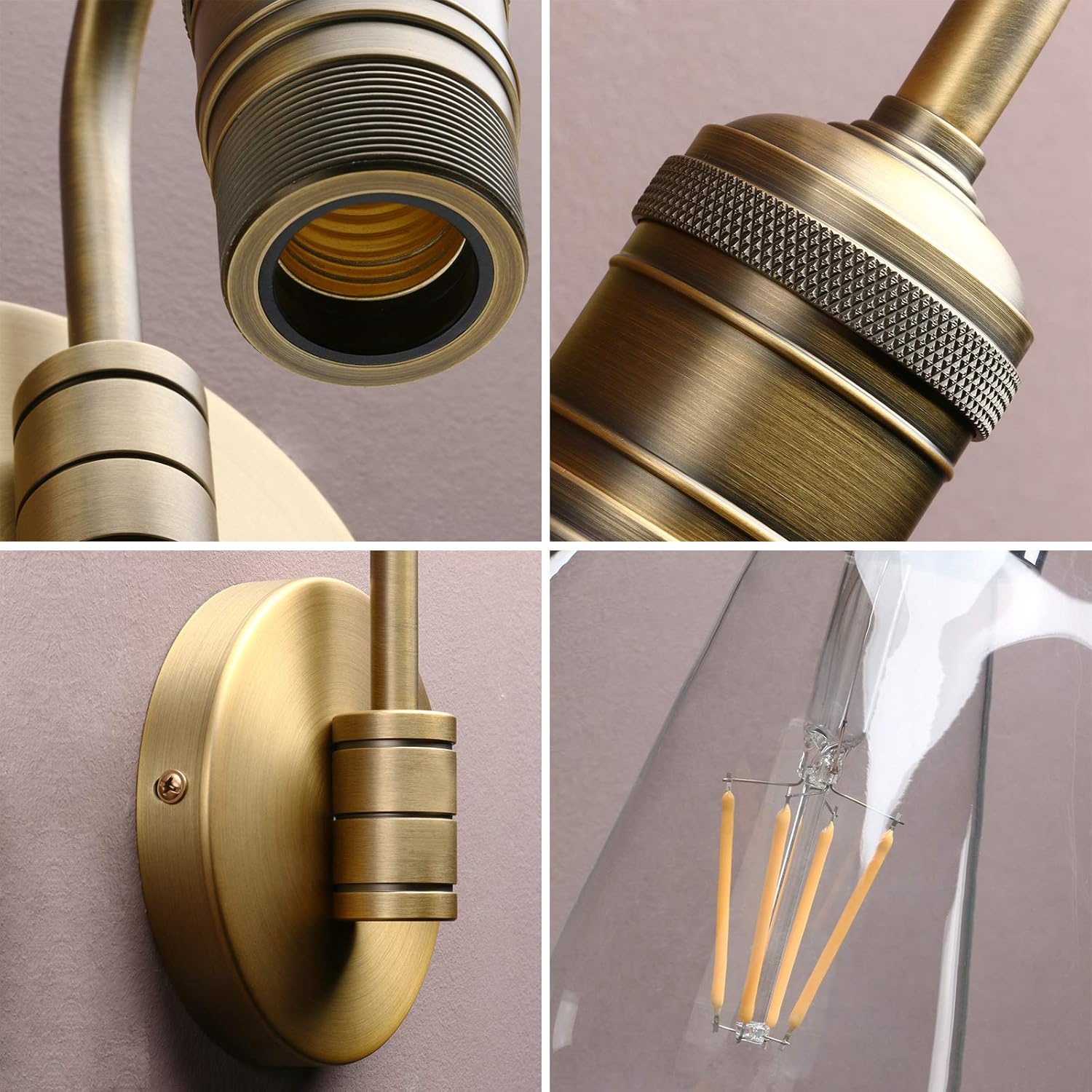 Collage of a brass light fixture with detailed views on a neutral background