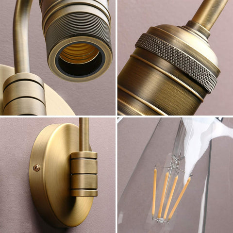 Collage of a brass light fixture with detailed views on a neutral background