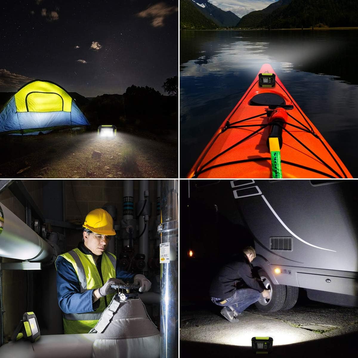 Collage of a camping scene with a tent, kayak on water, and people working at night.