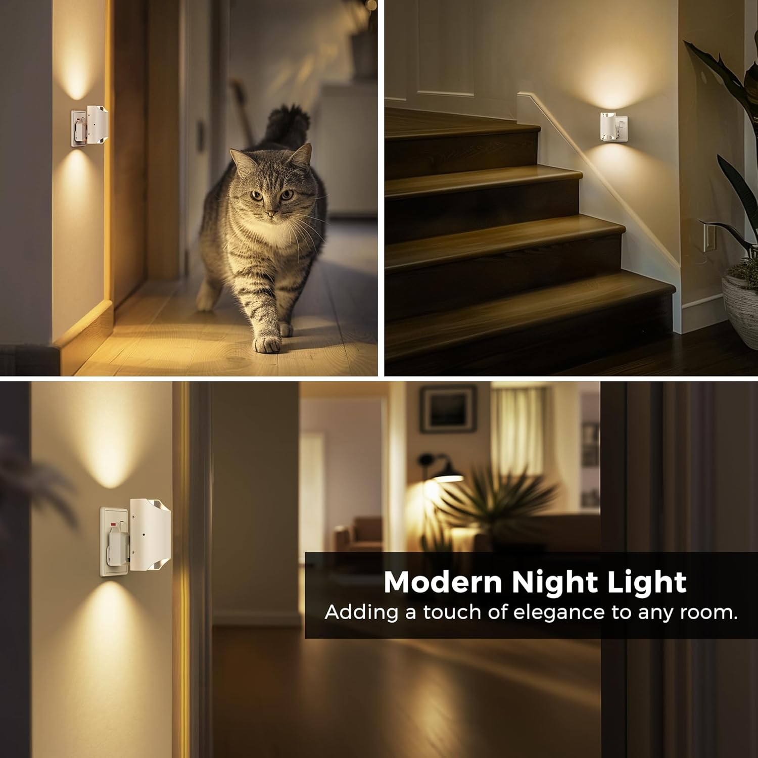 Collage of a cat in a home setting with modern night lights on walls and stairs.