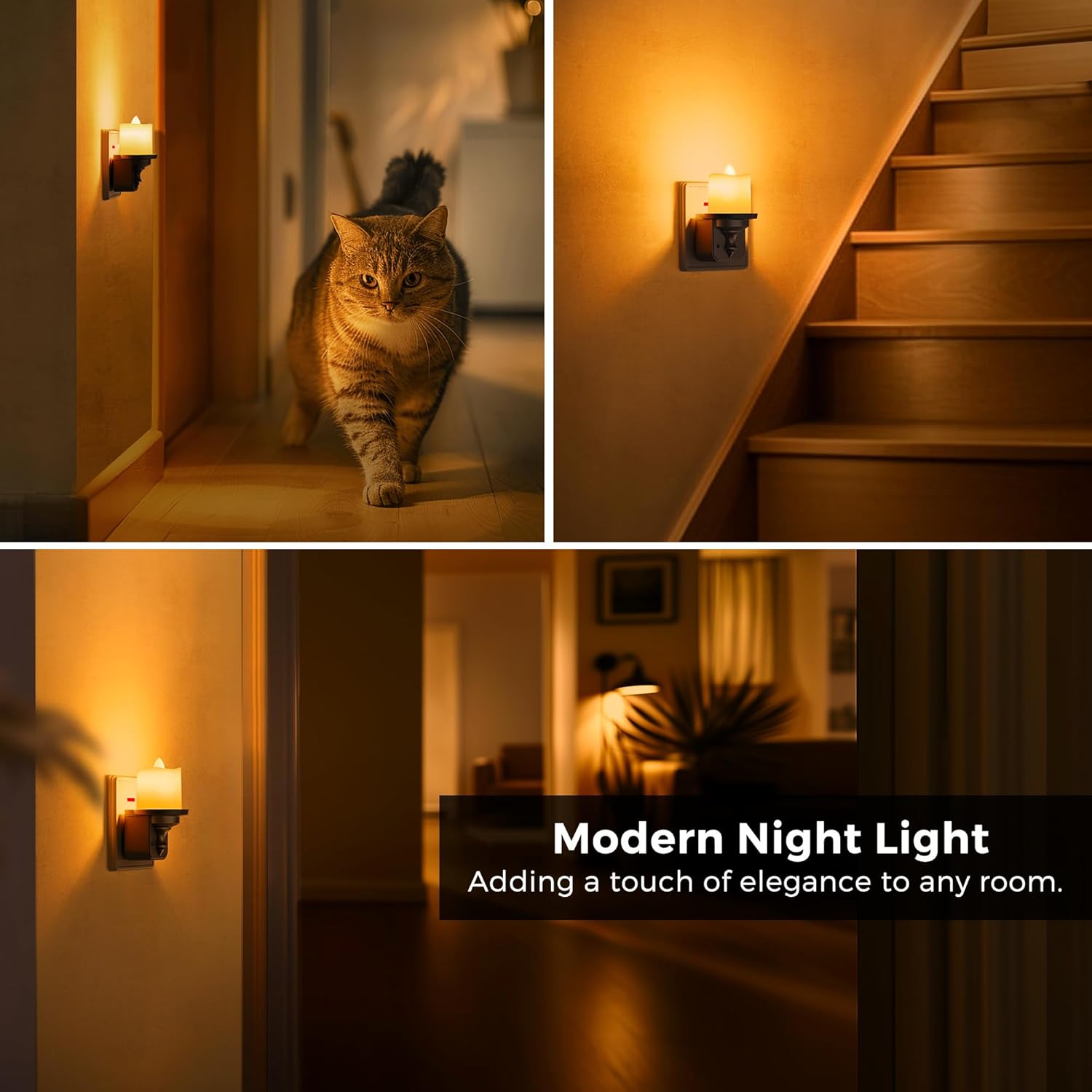 Collage of a cat in a room with a modern night light fixture, highlighting its use in various settings.