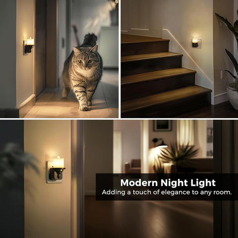Collage of a cat in a room with a modern night light, highlighting its use in different settings.