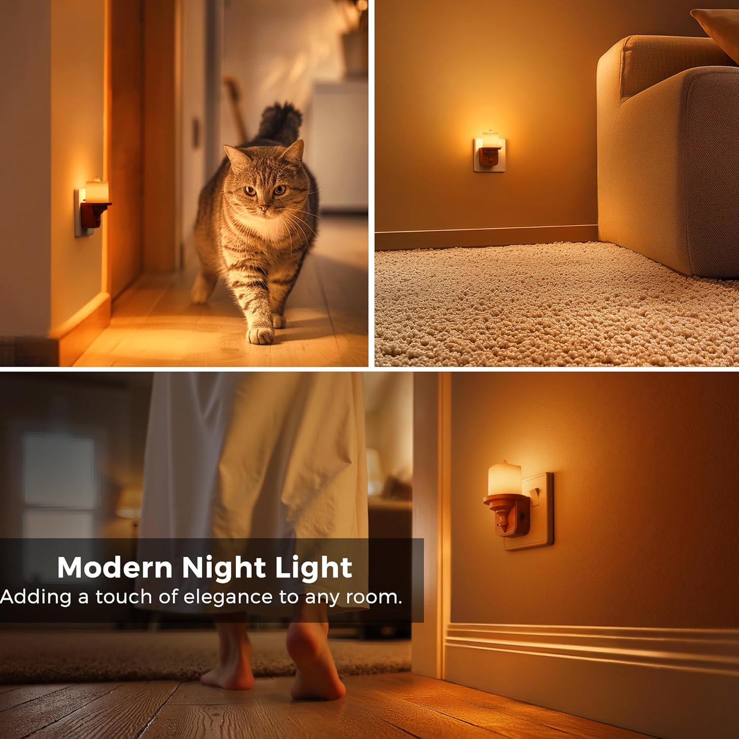 Collage of a cat walking into a room with a modern night light, highlighting its use in different settings.