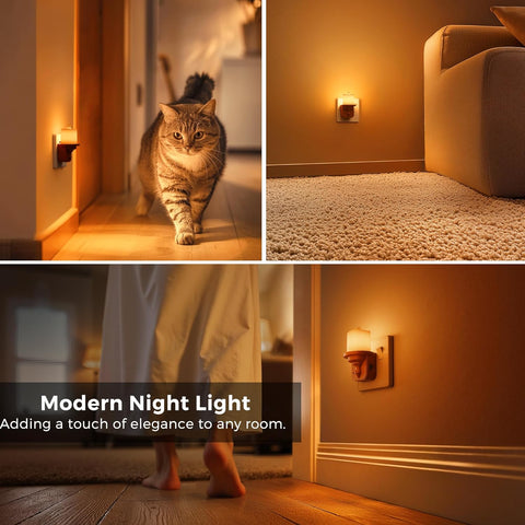 Collage of a cat walking into a room with a modern night light, highlighting its use in different settings.