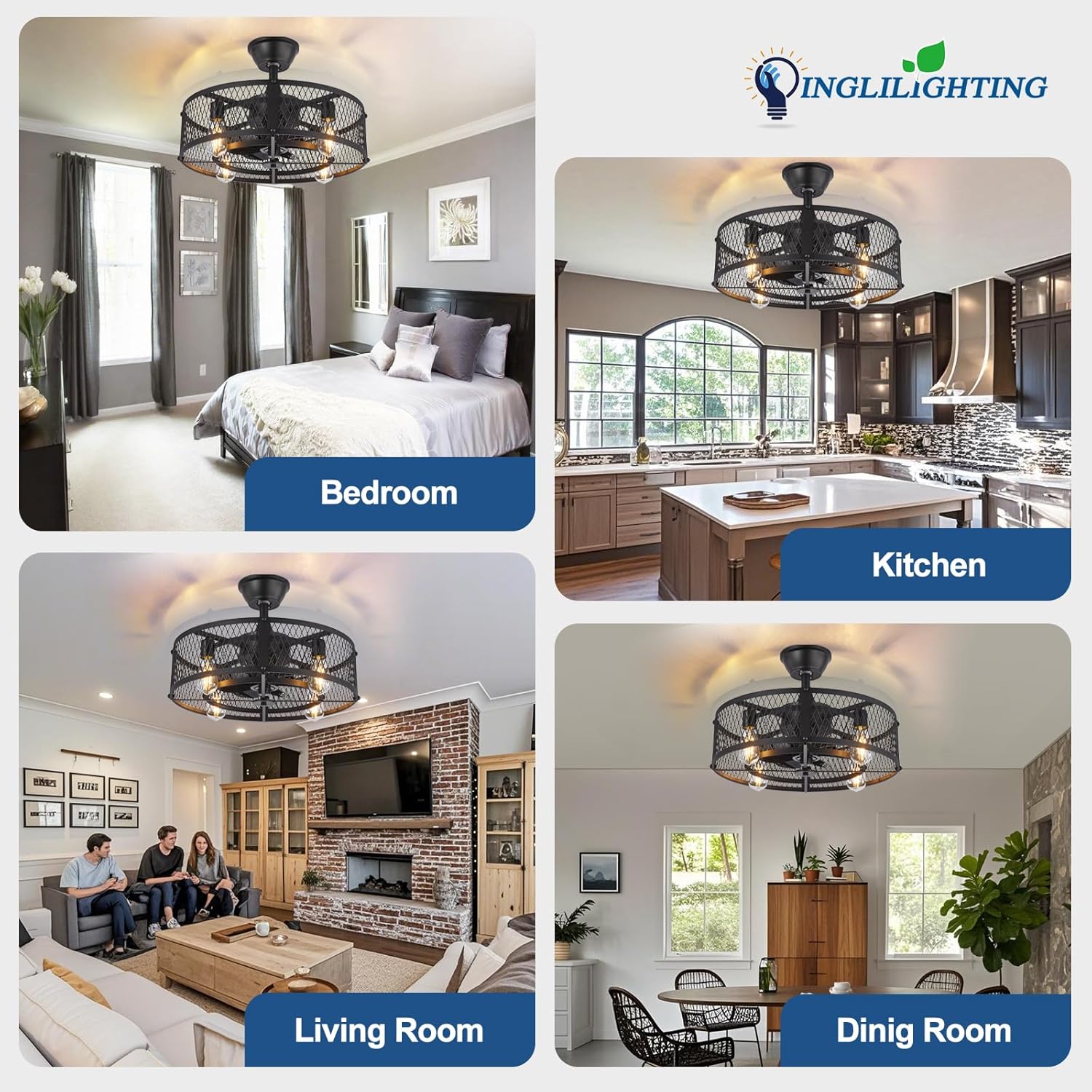 Collage of a ceiling fan in different rooms with Inglilighting logo.