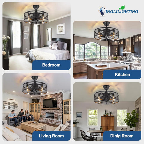 Collage of a ceiling fan in different rooms with Inglilighting logo.