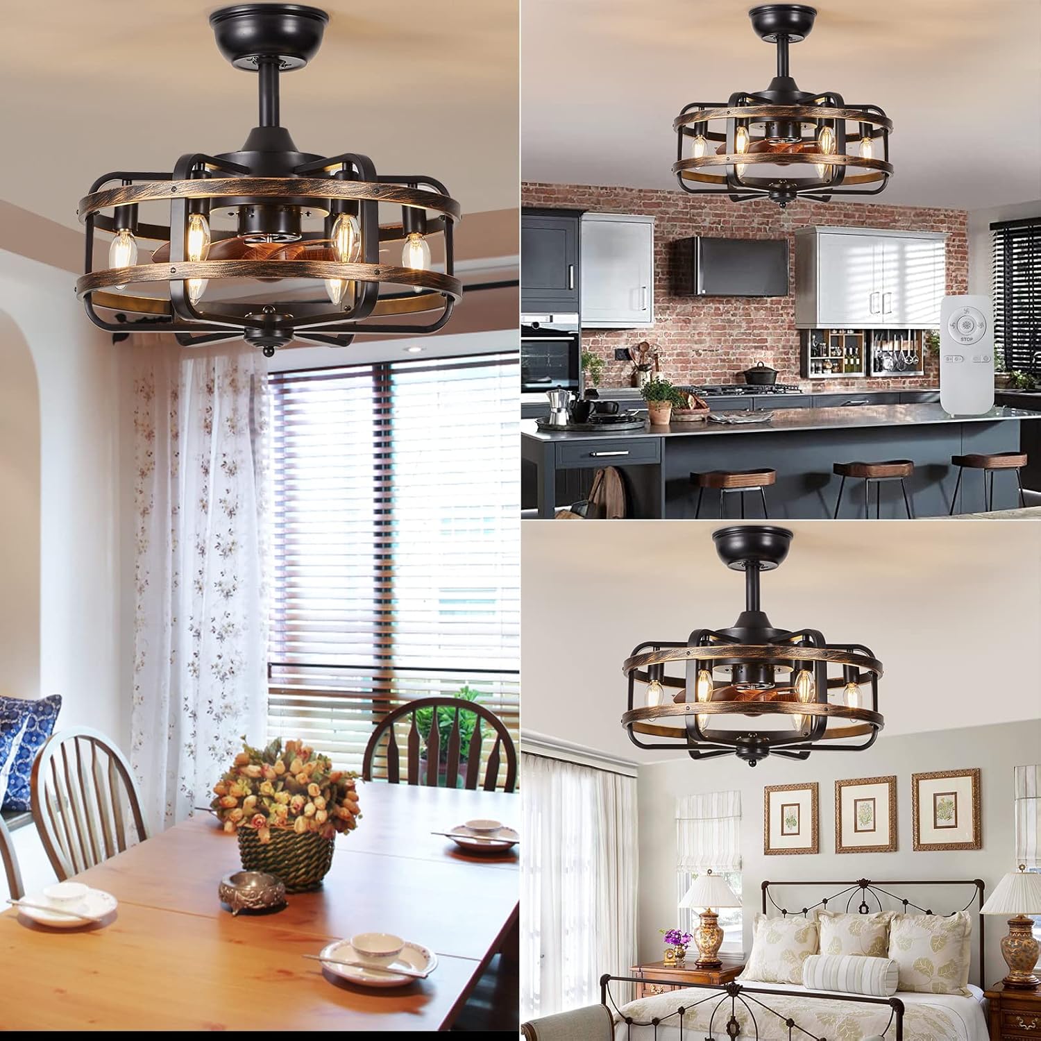 Collage of a ceiling fan in various settings including a dining room, kitchen, and bedroom.