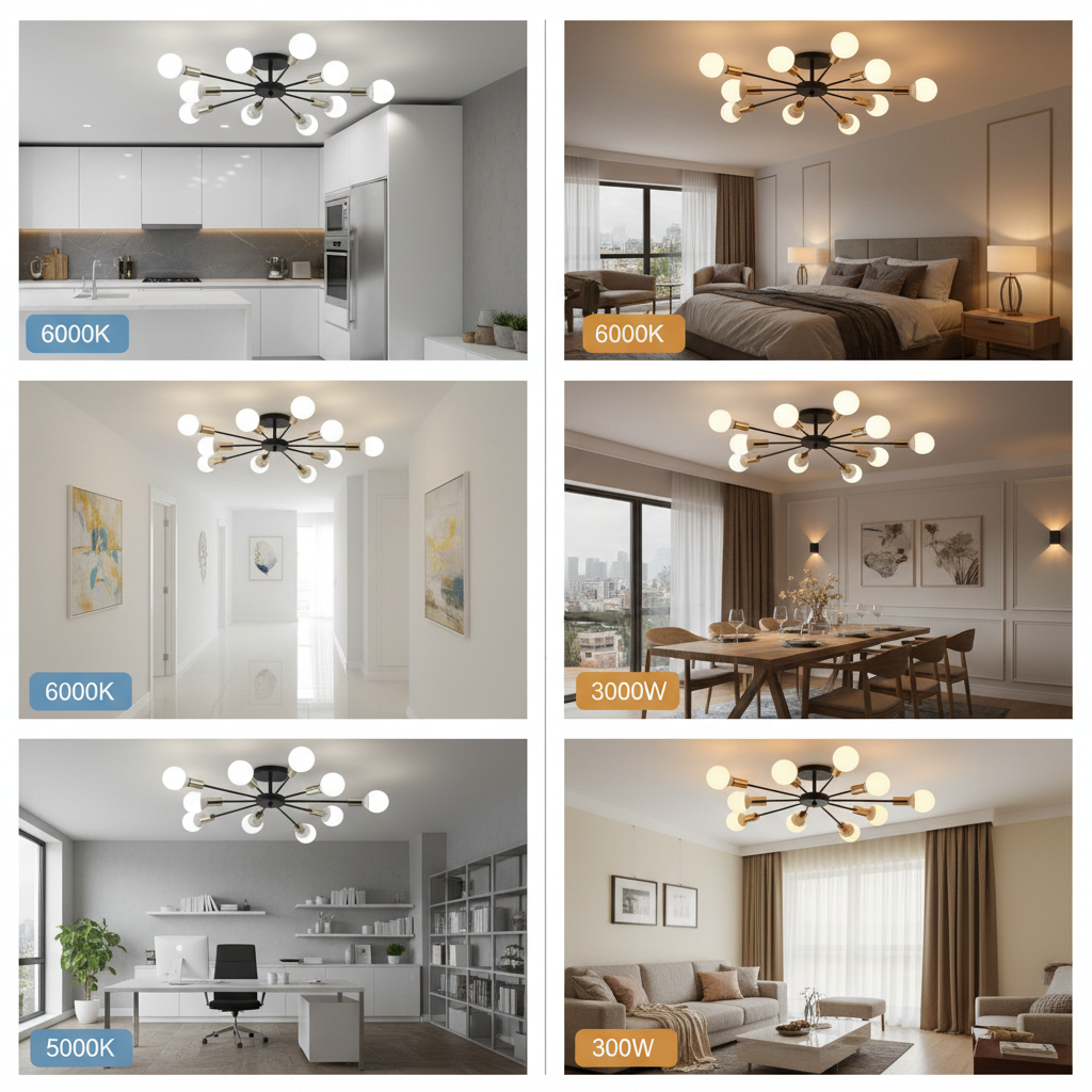 Collage of a chandelier in various rooms with different color temperatures and wattages displayed.