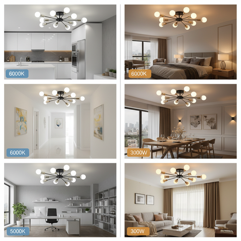 Collage of a chandelier in various rooms with different color temperatures and wattages displayed.