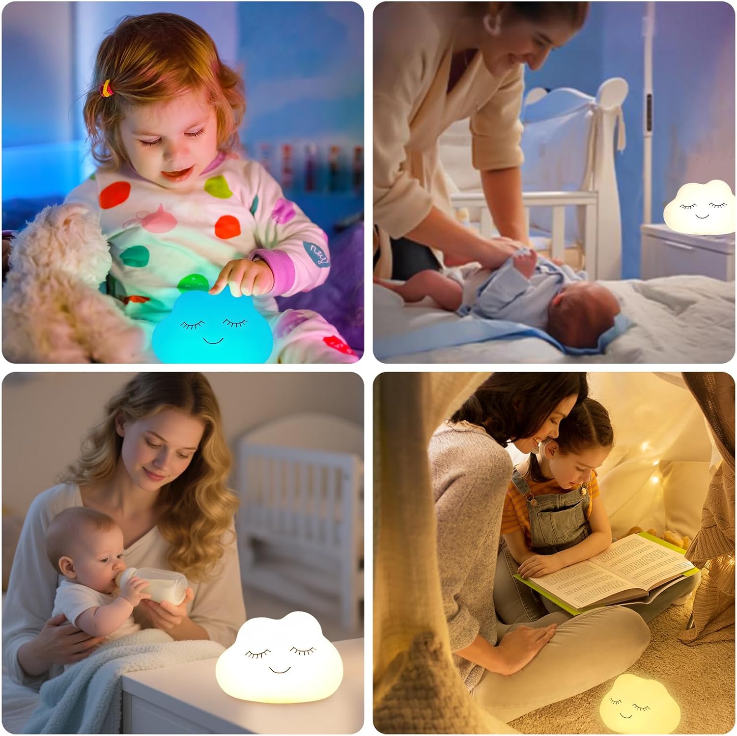 Collage of a child playing with a night light, a baby being changed, a woman holding a baby, and a family reading together with a night light.