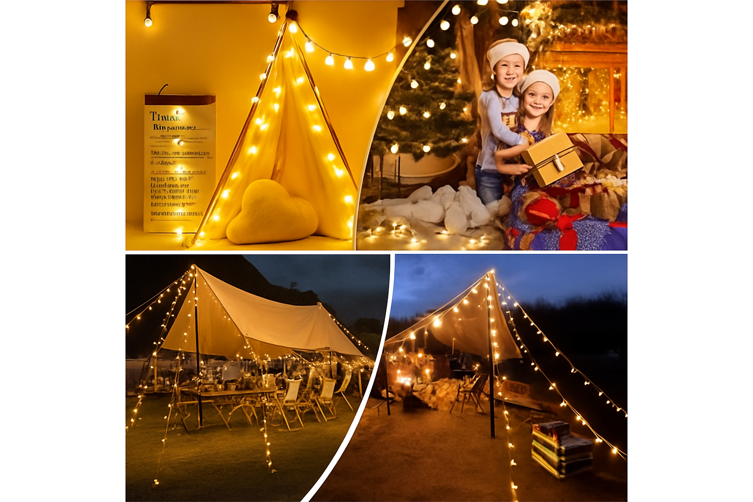 Collage of a child's play area with fairy lights, a tent setup at night, and a cozy indoor scene.