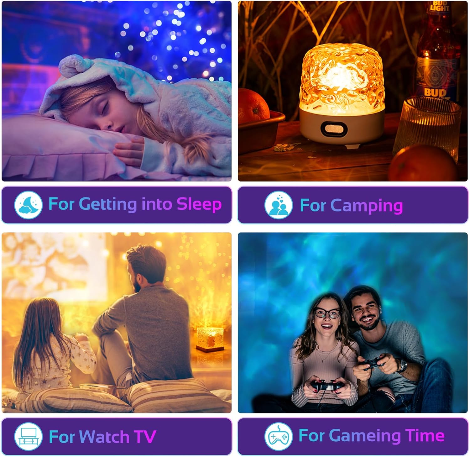 Collage of a child sleeping, a night light, people watching TV, and a couple gaming with text labels.