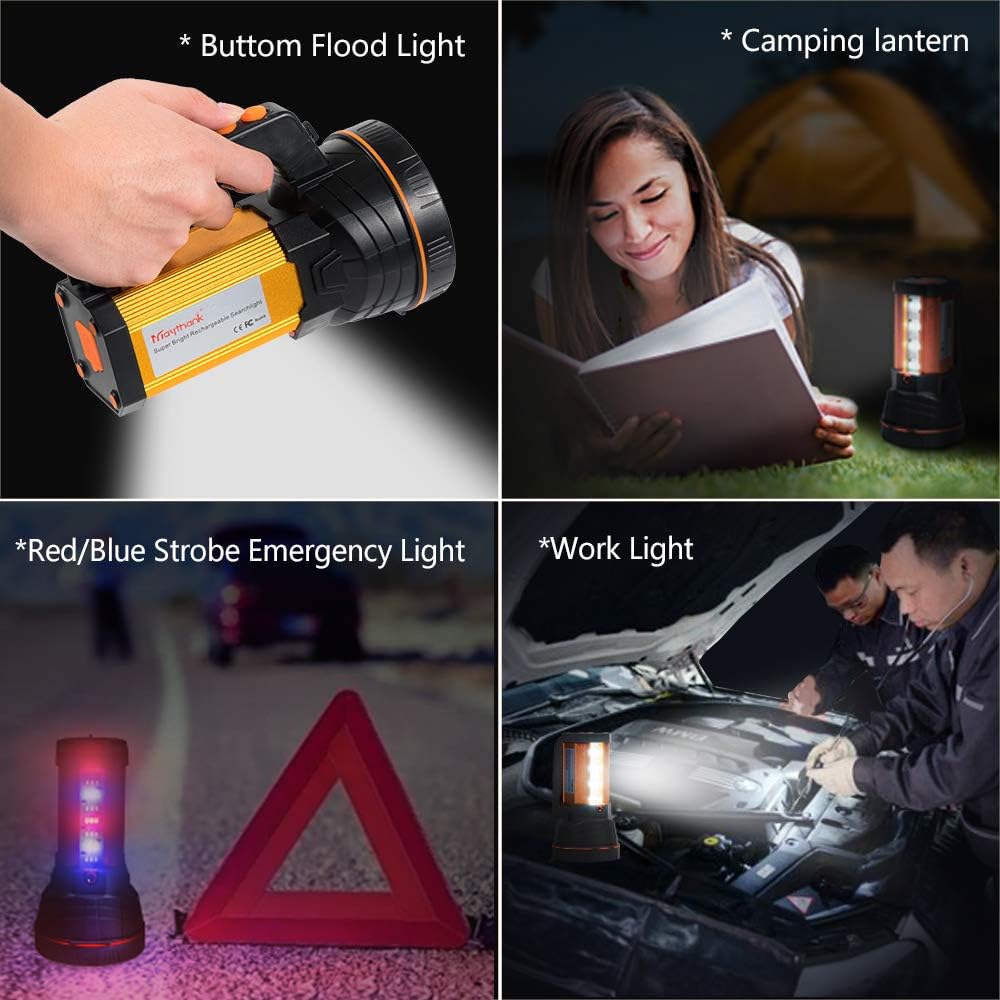 Collage of a flashlight being used, a woman reading by a camping lantern, a red/blue strobe emergency light, and two people working on a car with a work light.