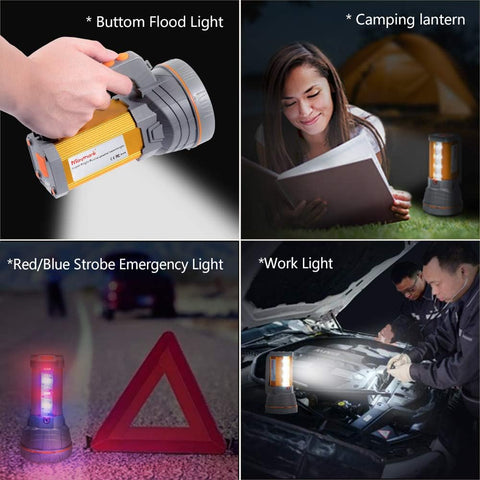 Collage of a flashlight being used as a flood light, camping lantern, red/blue strobe emergency light, and work light.