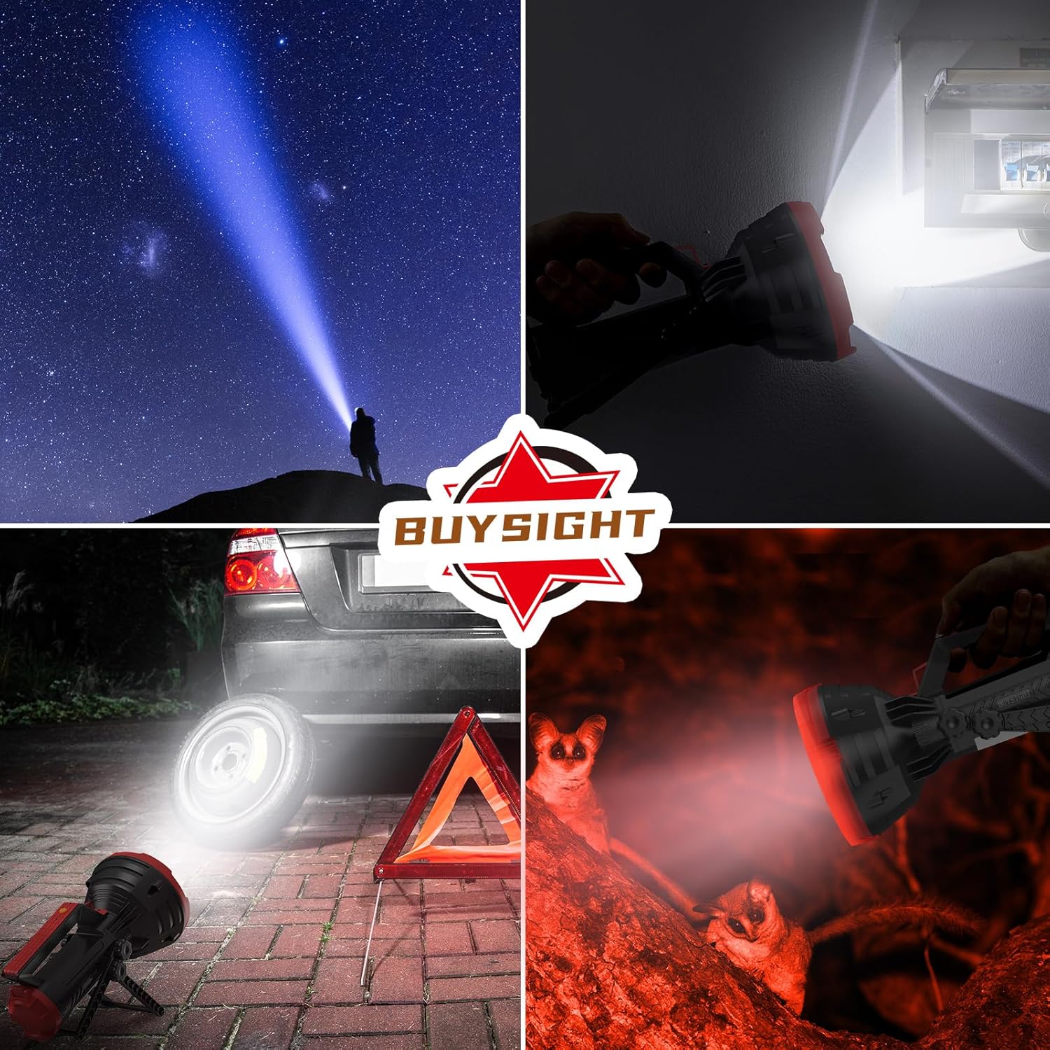Collage of a flashlight being used in various settings with BuySight logo.