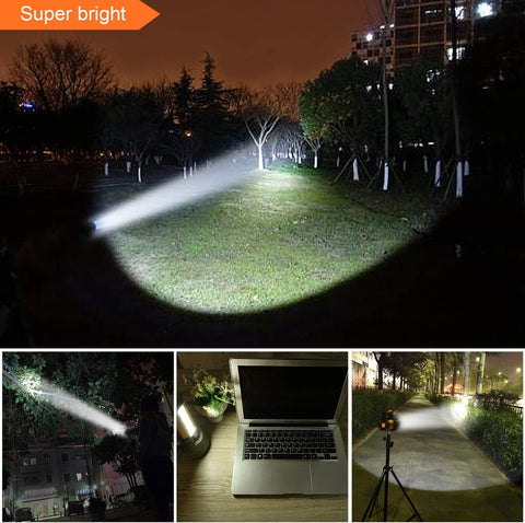 Collage of a flashlight being used in various settings with 'Super bright' text.
