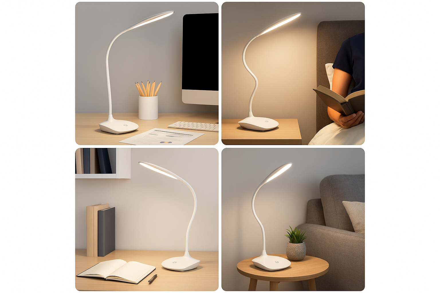 Collage of a flexible LED desk lamp in various settings.