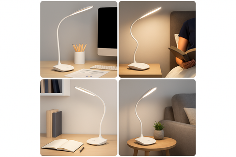 Collage of a flexible LED desk lamp in various settings.