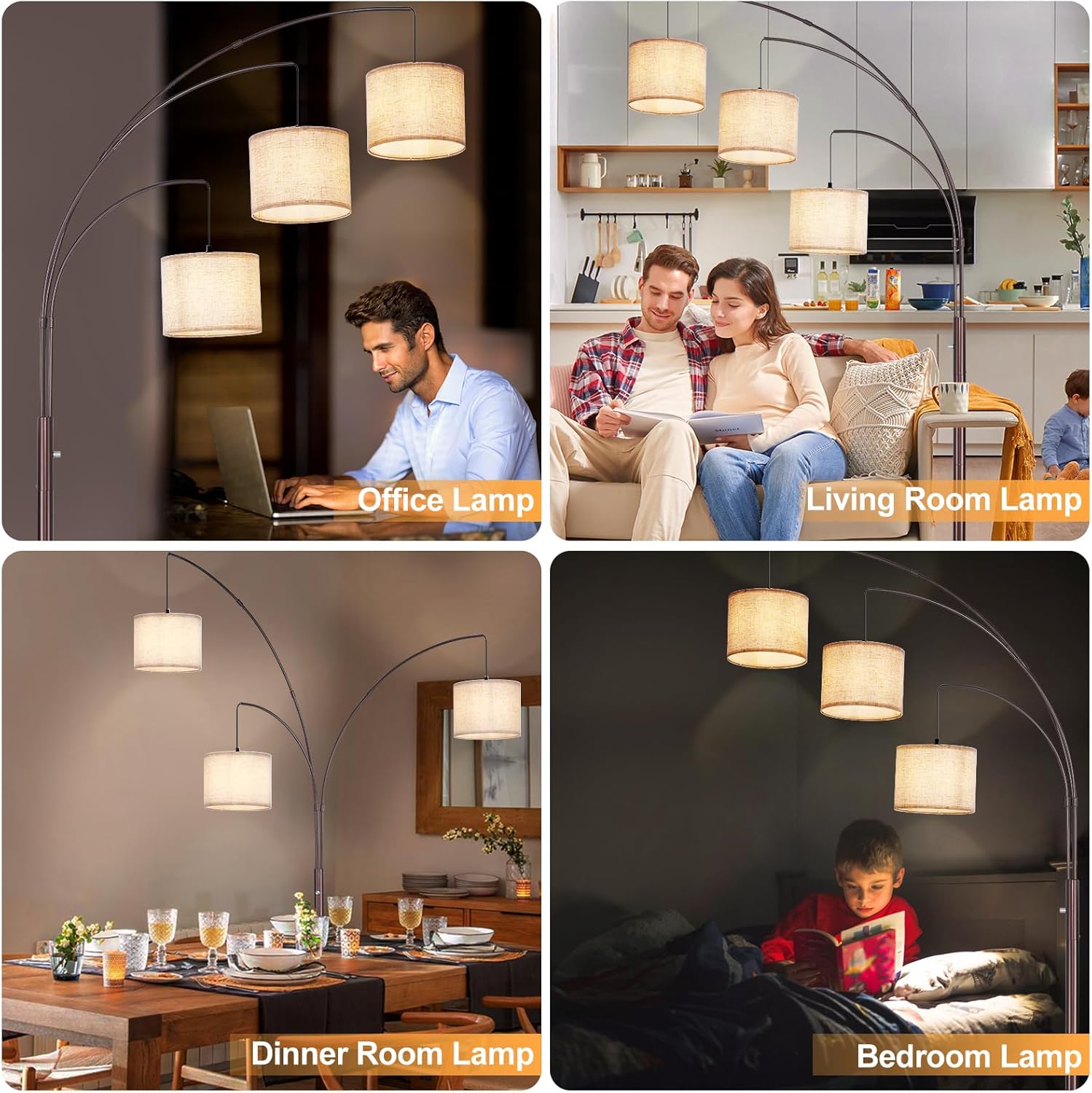 Collage of a floor lamp in different settings labeled as Office, Living Room, Dinner Room, and Bedroom.