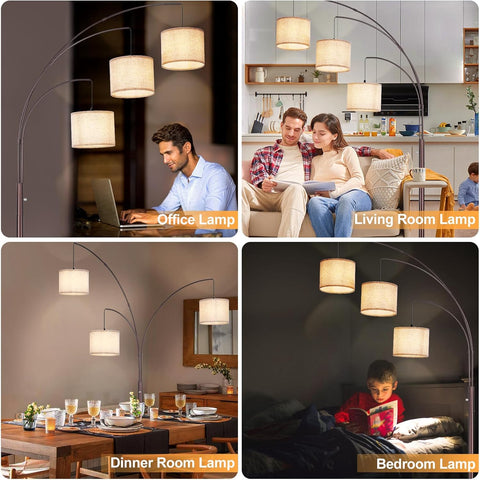 Collage of a floor lamp in different settings labeled as Office, Living Room, Dinner Room, and Bedroom.