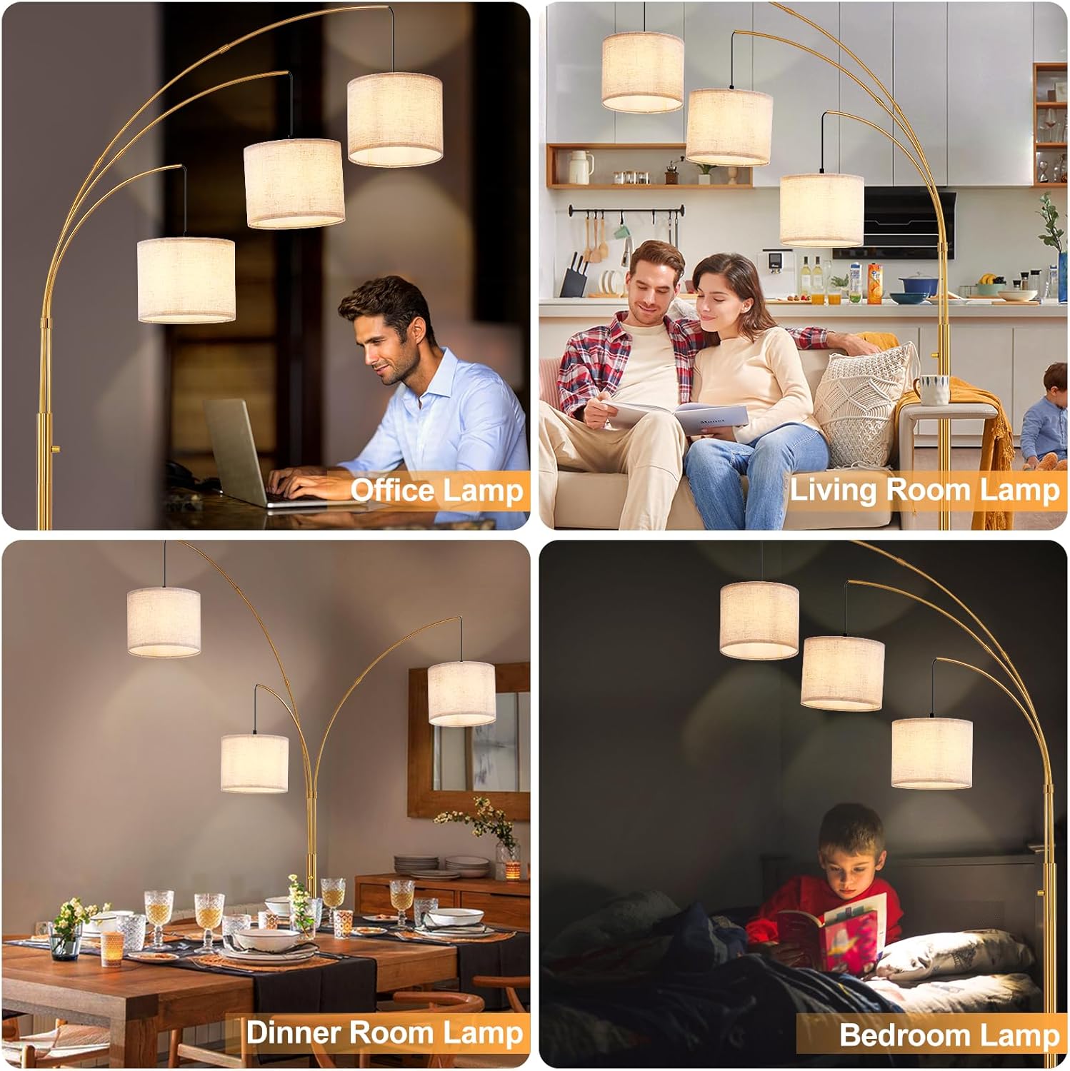 Collage of a floor lamp in various settings including office, living room, dining room, and bedroom.