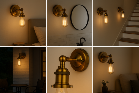 Collage of a gold wall-mounted light fixture in various settings.