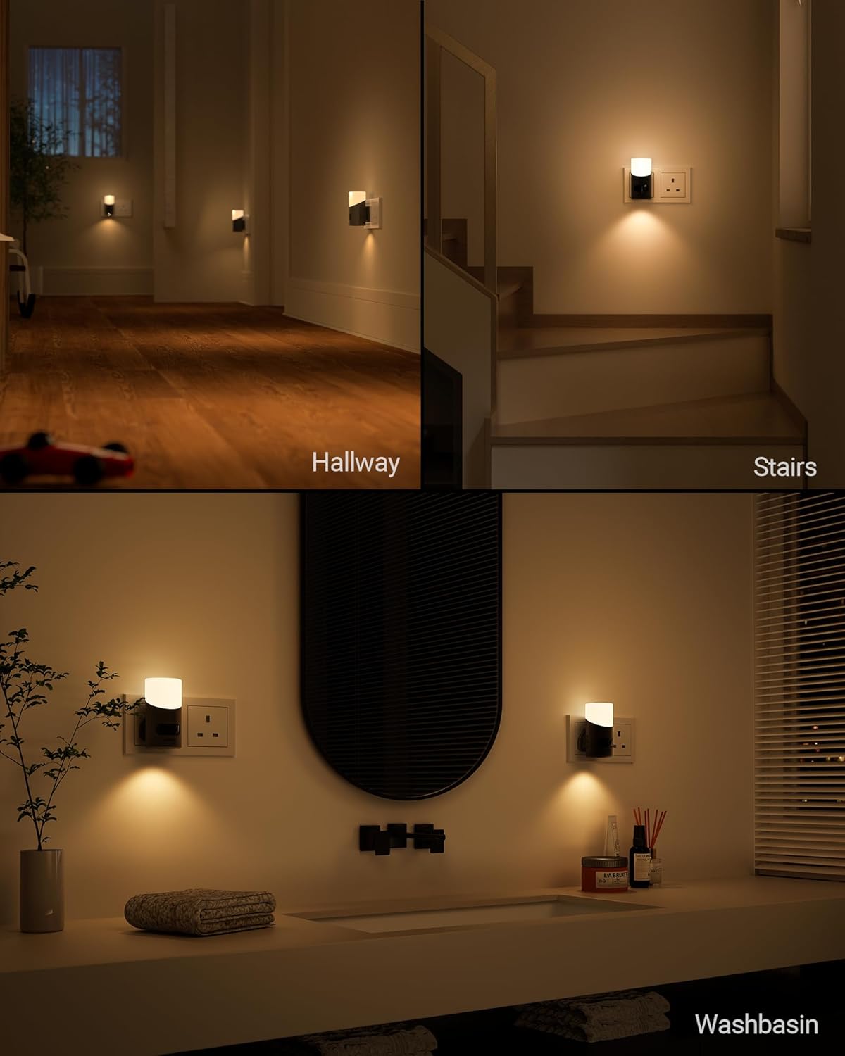 Collage of a hallway, stairs, and washbasin with wall lights illuminating each area.