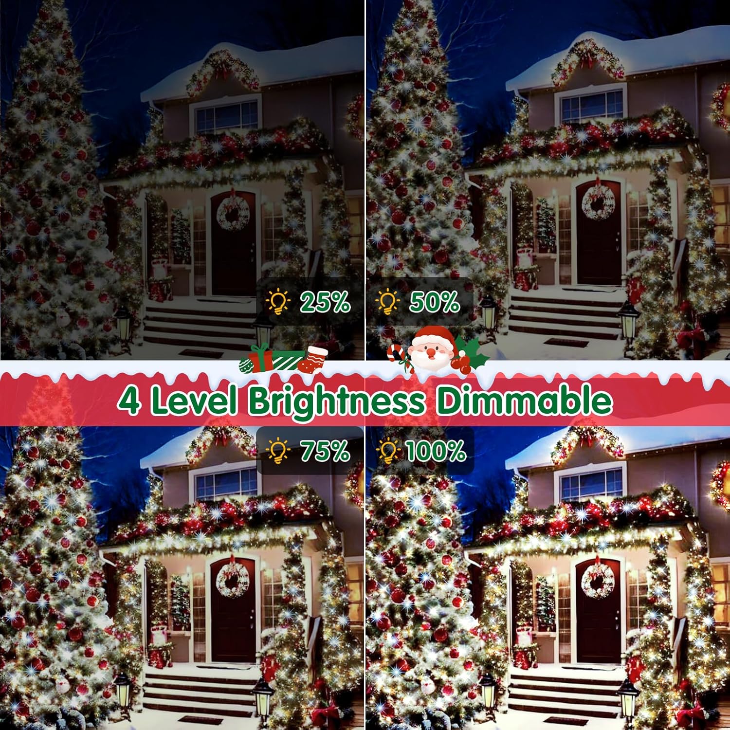 Collage of a house decorated for Christmas with varying levels of brightness.
