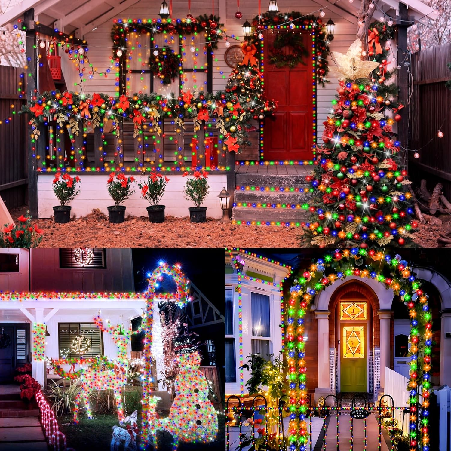 Collage of a house decorated with Christmas lights and decorations.