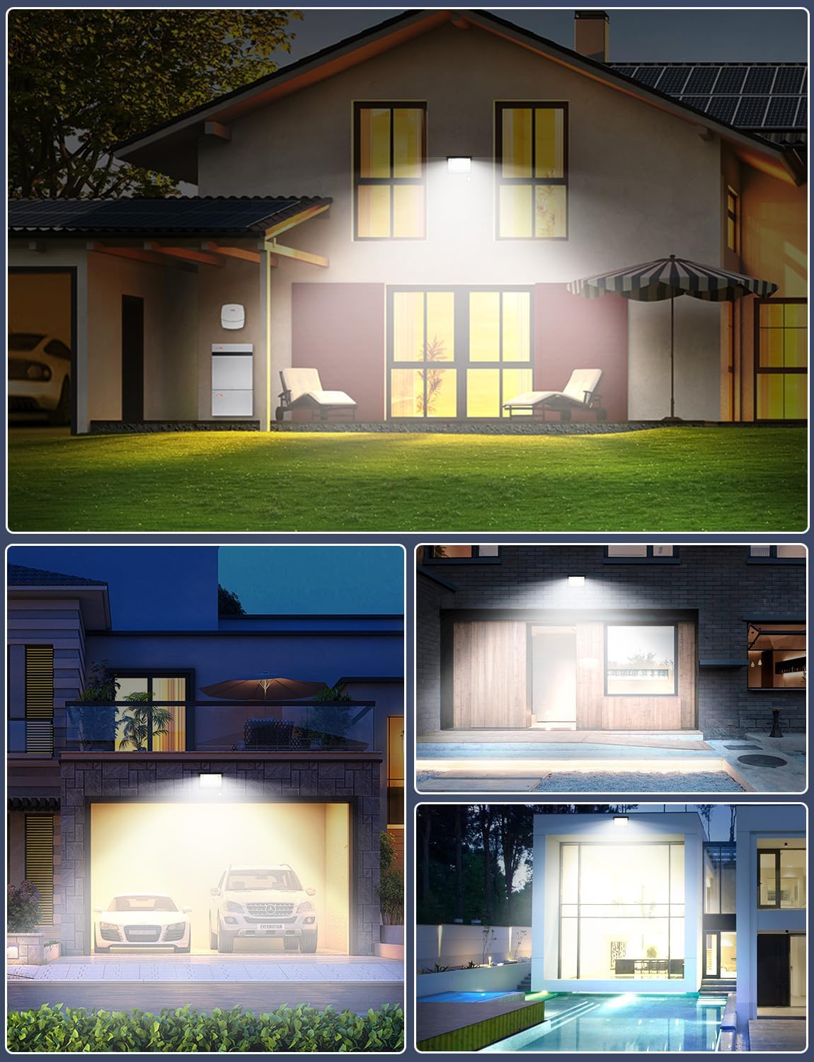 Collage of a house exterior with a light fixture illuminating different parts of the property.