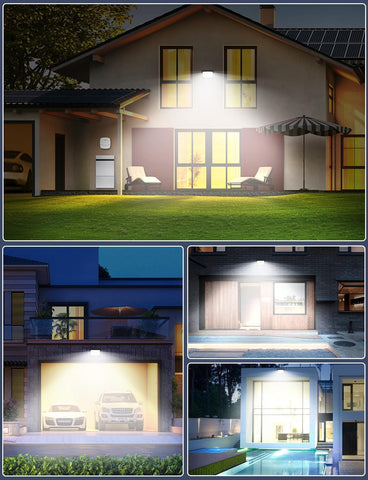 Collage of a house exterior with a light fixture illuminating different parts of the property.