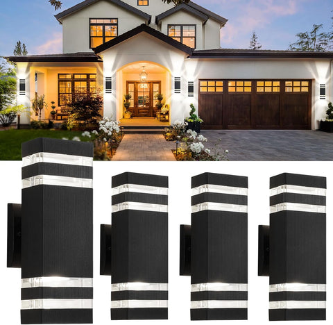 Collage of a house exterior with solar wall lights shown below.