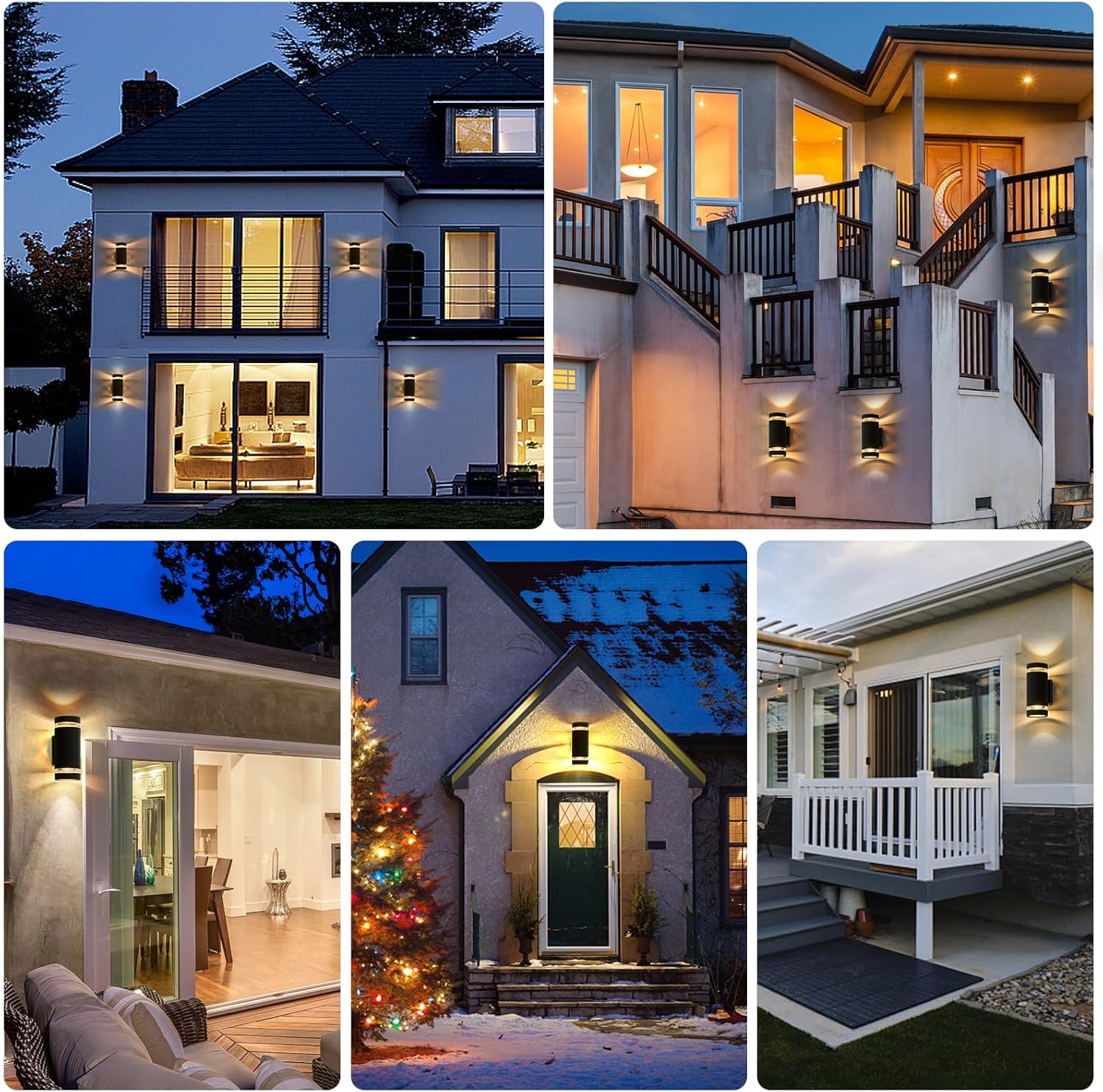 Collage of a house exterior with various views at night.